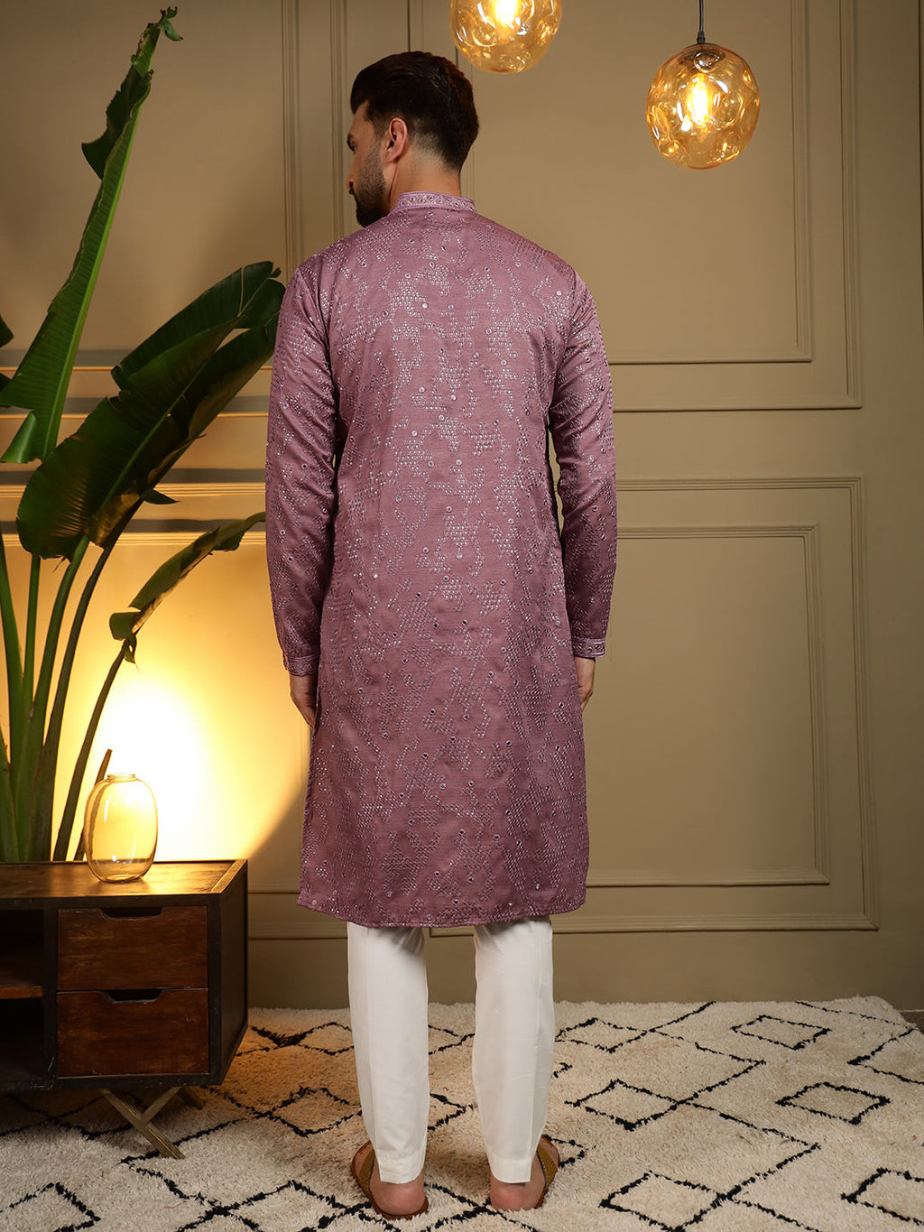 Jyoti Fashion Men's Wine Mirror Embroidery Kurta with Pajama | Grocsy