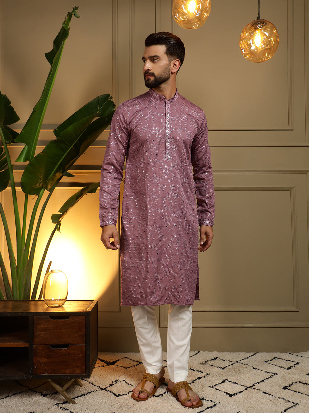 Jyoti Fashion Men's Wine Mirror Embroidery Kurta with Pajama | Grocsy