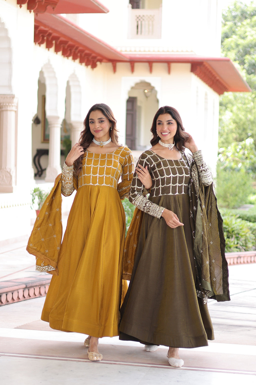 Jyoti Fashion Women's Yellow & Mehendi Vichitra Silk Embroidered Combo Anarkali Set With Dupatta | Grocsy