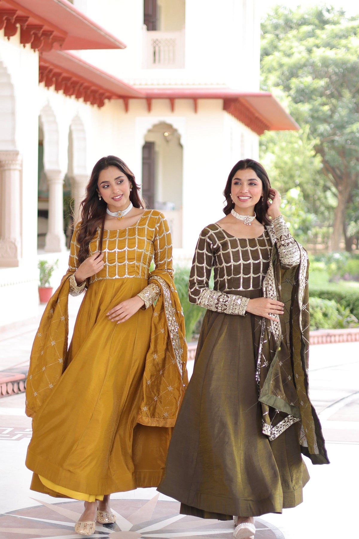 Jyoti Fashion Women's Yellow & Mehendi Vichitra Silk Embroidered Combo Anarkali Set With Dupatta | Grocsy