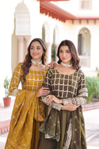 Jyoti Fashion Women's Yellow & Mehendi Vichitra Silk Embroidered Combo Anarkali Set With Dupatta | Grocsy