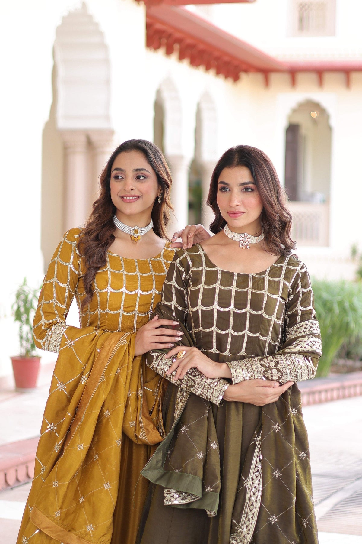 Jyoti Fashion Women's Yellow & Mehendi Vichitra Silk Embroidered Combo Anarkali Set With Dupatta | Grocsy