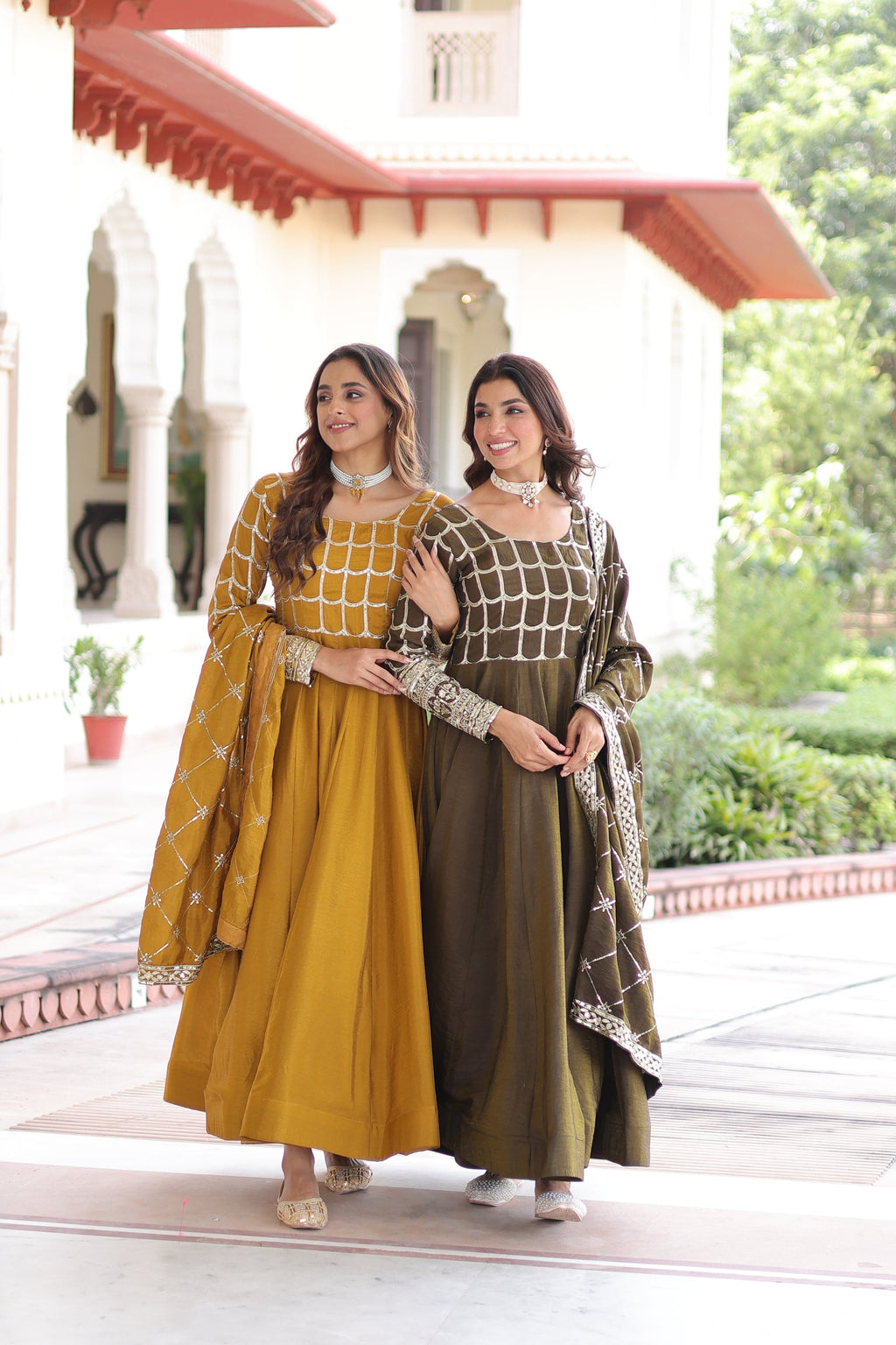 Jyoti Fashion Women's Yellow & Mehendi Vichitra Silk Embroidered Combo Anarkali Set With Dupatta | Grocsy