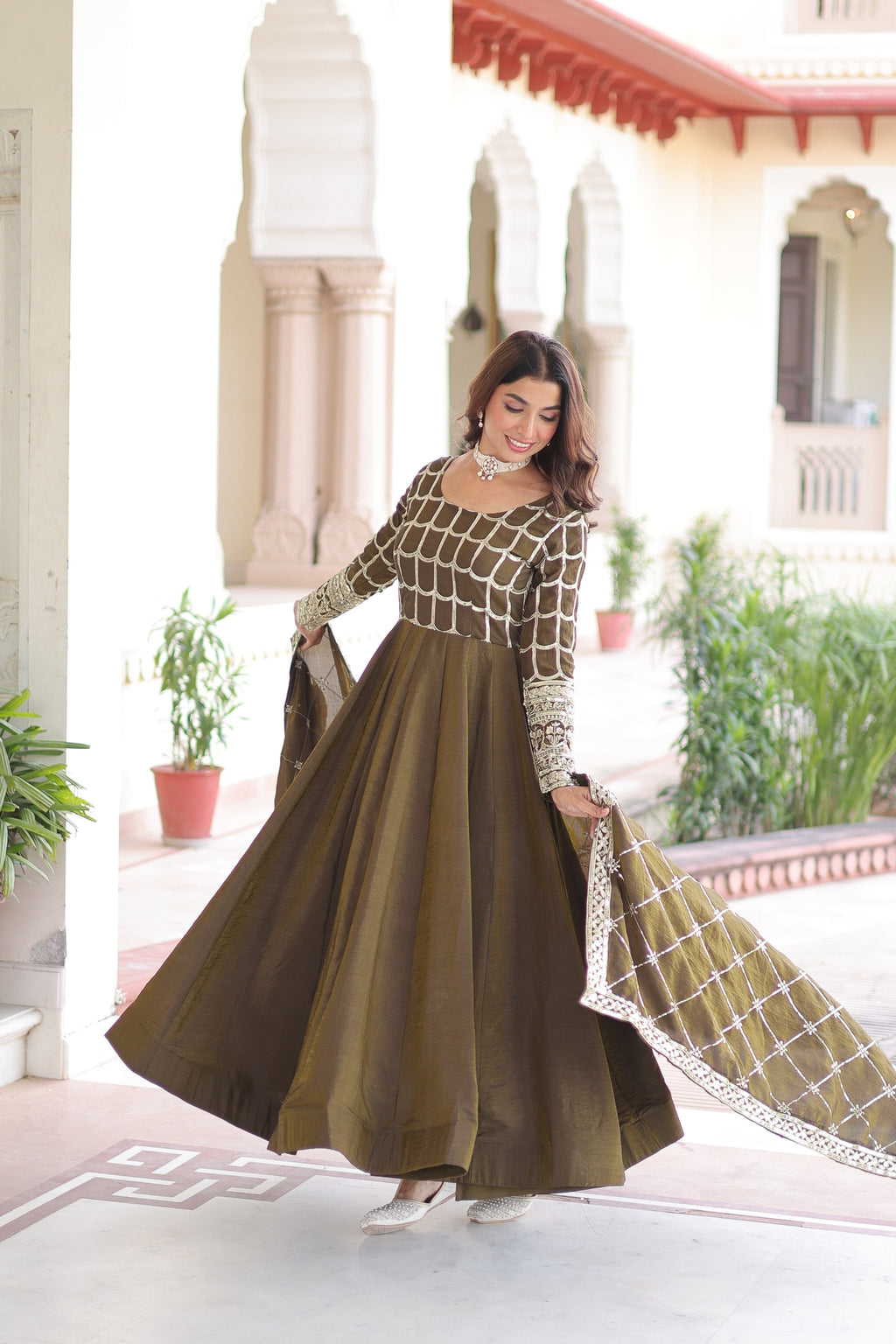Jyoti Fashion Women's Mehendi Vichitra Silk Sequins Zari Embroidered Anarkali Set With Dupatta | Grocsy