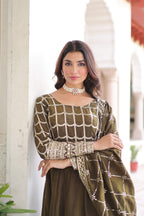 Jyoti Fashion Women's Mehendi Vichitra Silk Sequins Zari Embroidered Anarkali Set With Dupatta | Grocsy