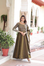 Jyoti Fashion Women's Mehendi Vichitra Silk Sequins Zari Embroidered Anarkali Set With Dupatta | Grocsy