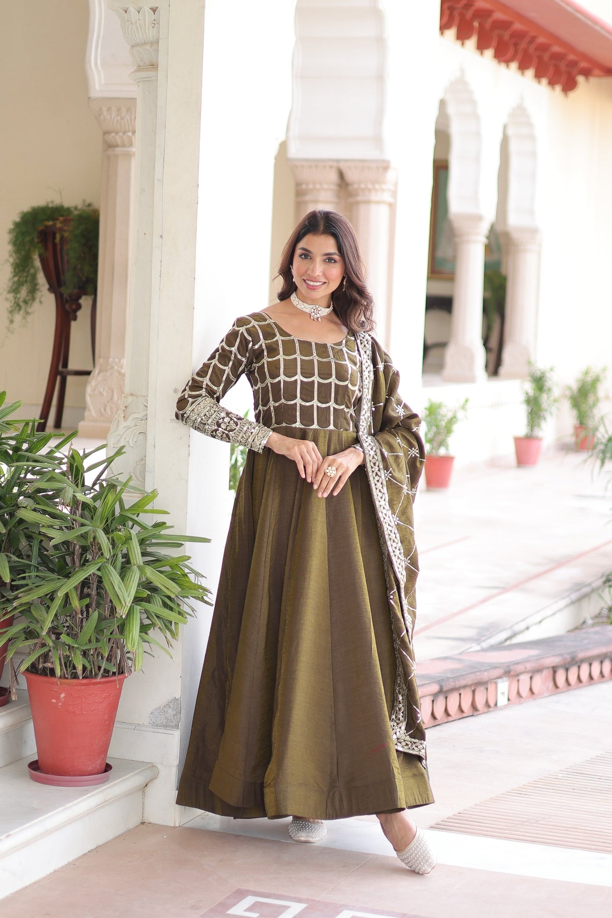 Jyoti Fashion Women's Mehendi Vichitra Silk Sequins Zari Embroidered Anarkali Set With Dupatta | Grocsy