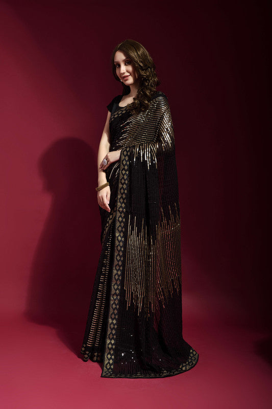 Jyoti Fashion Women's Black Sequence Embroidery Georgette Saree with Blouse | Grocsy