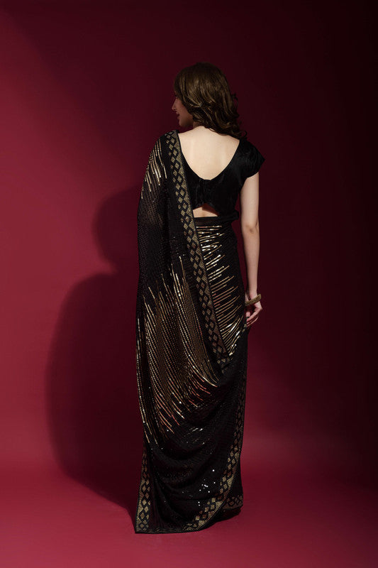 Jyoti Fashion Women's Black Sequence Embroidery Georgette Saree with Blouse | Grocsy