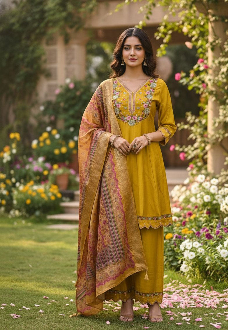 Jyoti Fashion Mustard Cotton Silk Embroidered Designer Kurta Set with Dupatta | Grocsy