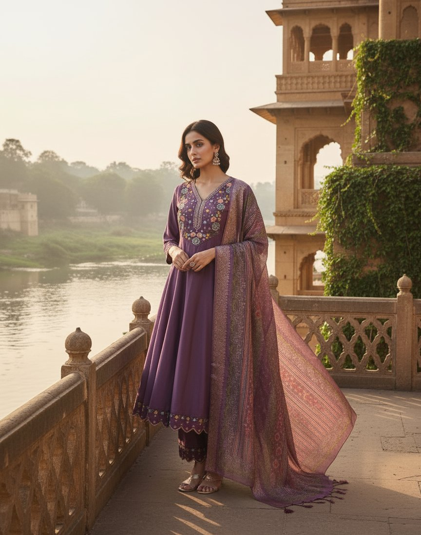 Jyoti Fashion Purple Cotton Silk Embroidered Designer Kurta Set with Dupatta | Grocsy