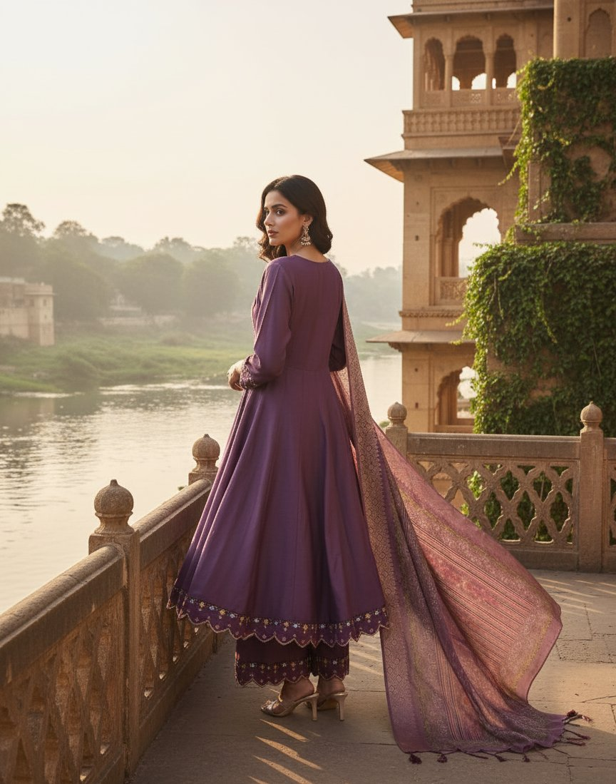 Jyoti Fashion Purple Cotton Silk Embroidered Designer Kurta Set with Dupatta | Grocsy
