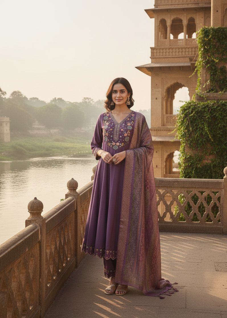 Jyoti Fashion Purple Cotton Silk Embroidered Designer Kurta Set with Dupatta | Grocsy
