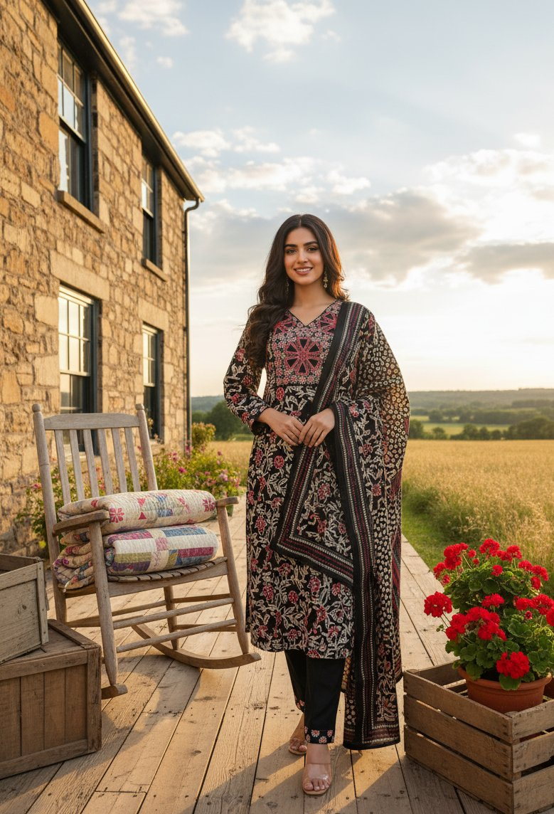 Jyoti Fashion Black Cotton Silk Floral Printed Designer Kurta Set with Dupatta | Grocsy