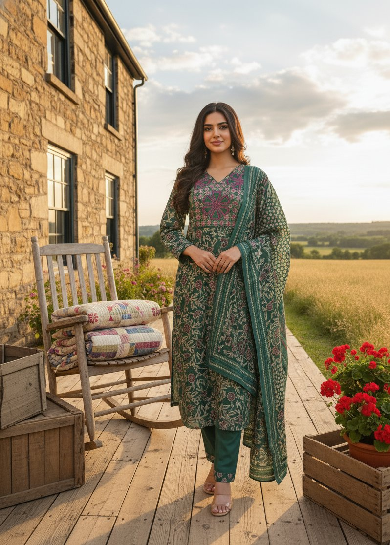 Jyoti Fashion Rama Cotton Silk Floral Printed Designer Kurta Set with Dupatta | Grocsy