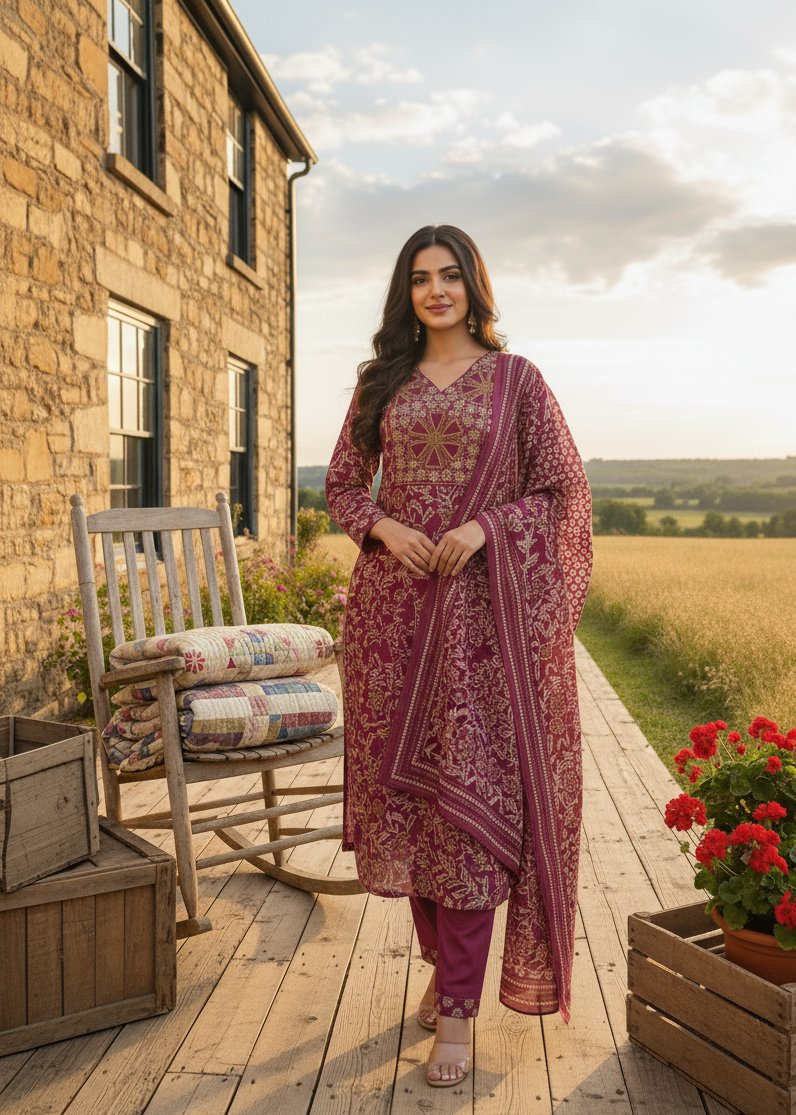 Jyoti Fashion Pink Cotton Silk Floral Printed Designer Kurta Set with Dupatta | Grocsy
