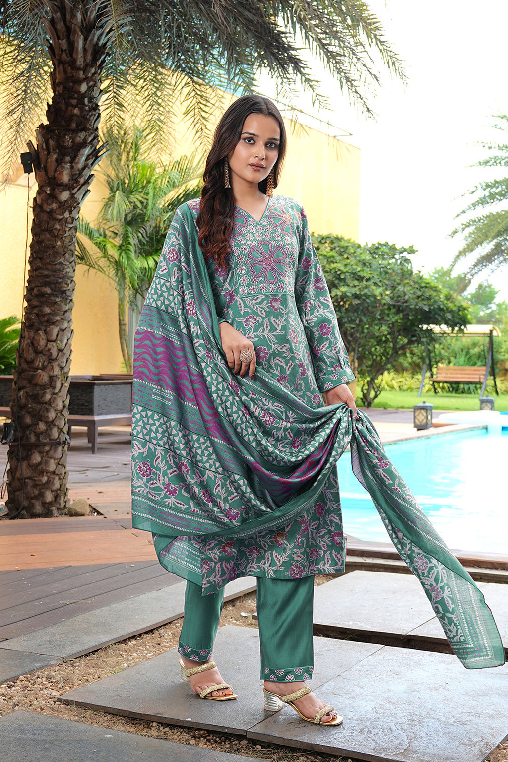 Jyoti Fashion Rama Cotton Silk Floral Printed Designer Kurta Set with Dupatta | Grocsy