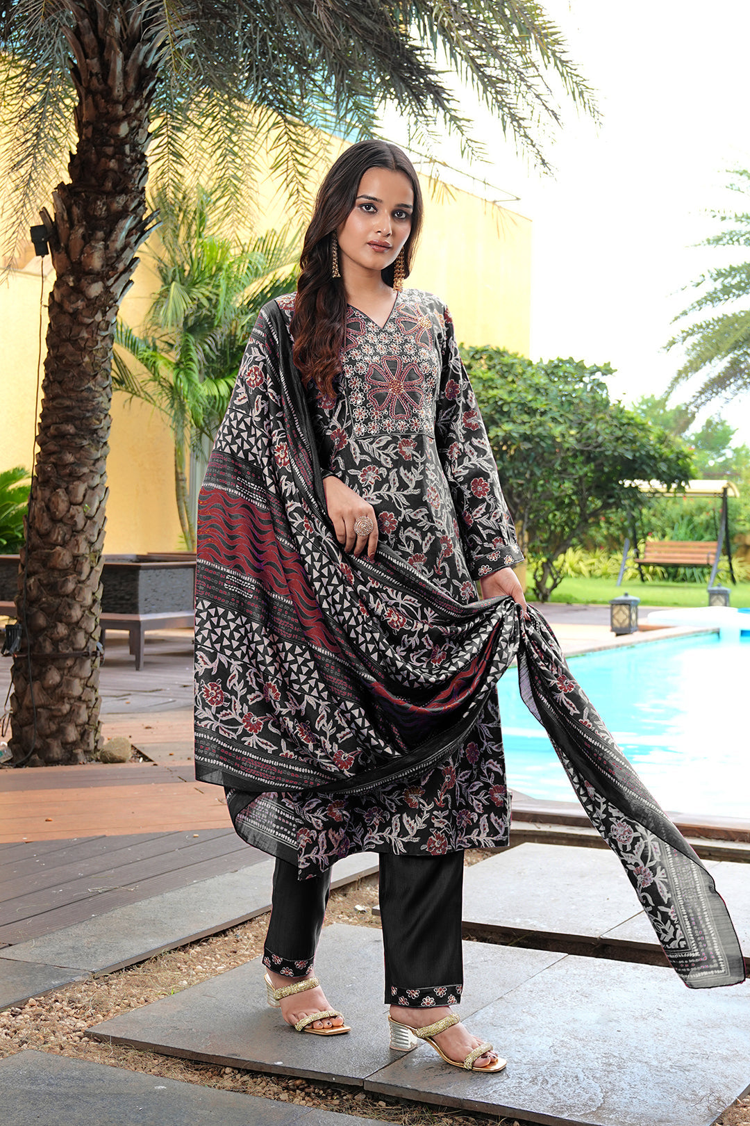 Jyoti Fashion Black Cotton Silk Floral Printed Designer Kurta Set with Dupatta | Grocsy