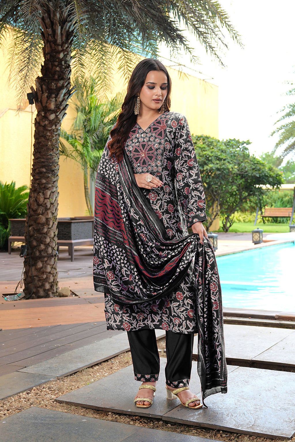 Jyoti Fashion Black Cotton Silk Floral Printed Designer Kurta Set with Dupatta | Grocsy