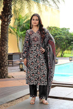 Jyoti Fashion Black Cotton Silk Floral Printed Designer Kurta Set with Dupatta | Grocsy