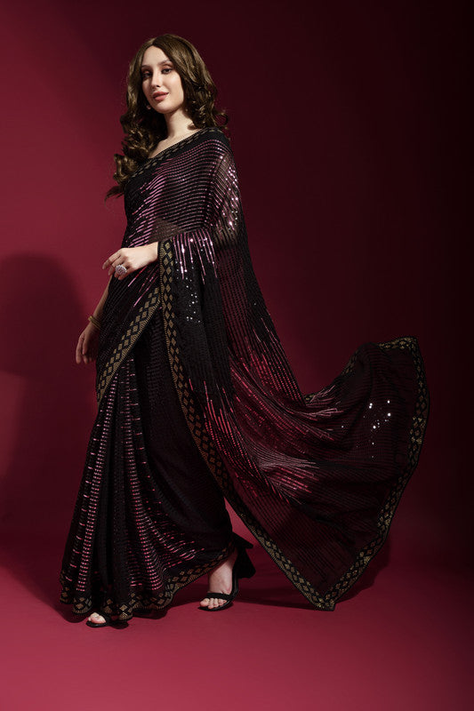 Jyoti Fashion Women's Wine Sequence Embroidery Georgette Saree with Blouse | Grocsy