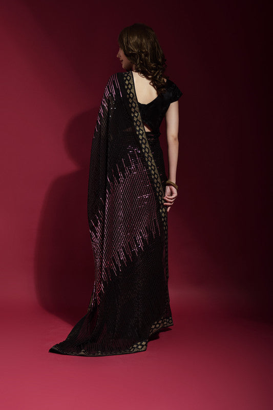 Jyoti Fashion Women's Wine Sequence Embroidery Georgette Saree with Blouse | Grocsy