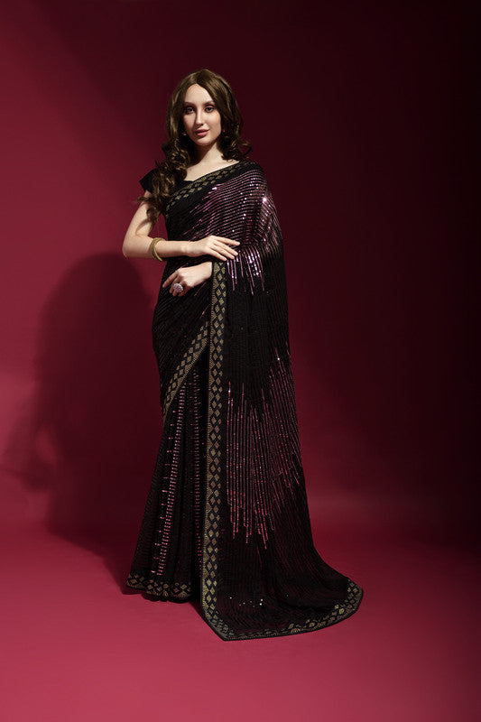 Jyoti Fashion Women's Wine Sequence Embroidery Georgette Saree with Blouse | Grocsy