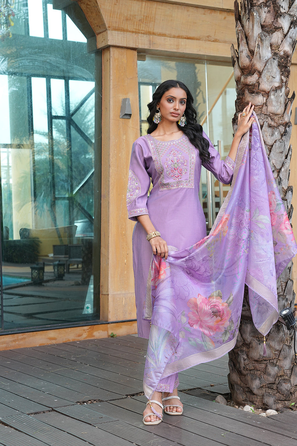Jyoti Fashion Purple Cotton Silk Embroidered Designer Kurta Set with Dupatta | Grocsy