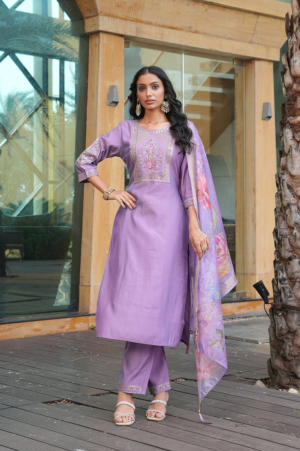 Jyoti Fashion Purple Cotton Silk Embroidered Designer Kurta Set with Dupatta | Grocsy