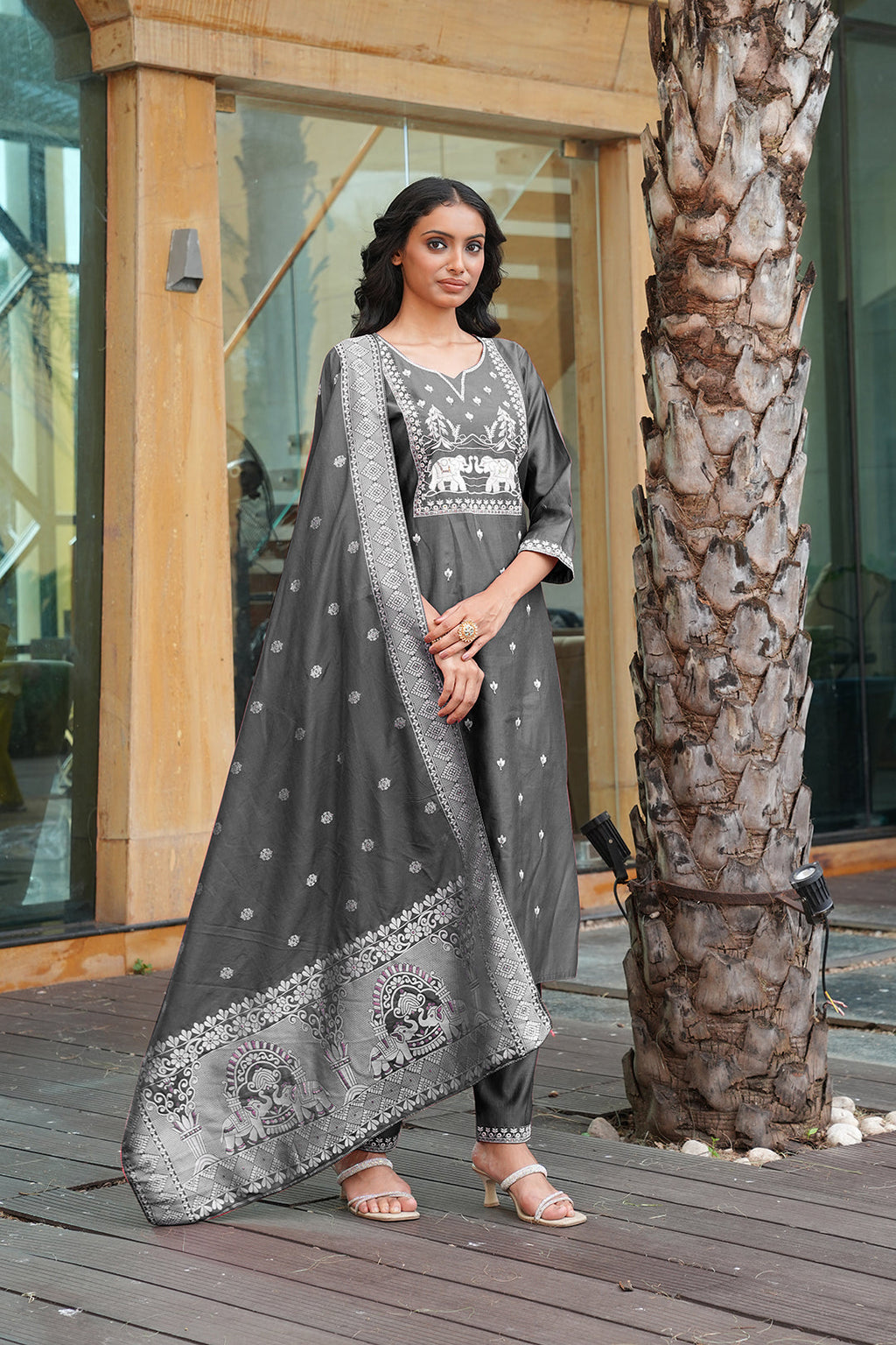 Jyoti Fashion Dark Grey Cotton Silk Embroidered Designer Kurta Set with Dupatta | Grocsy