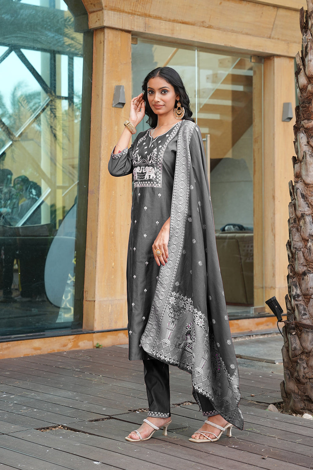 Jyoti Fashion Dark Grey Cotton Silk Embroidered Designer Kurta Set with Dupatta | Grocsy