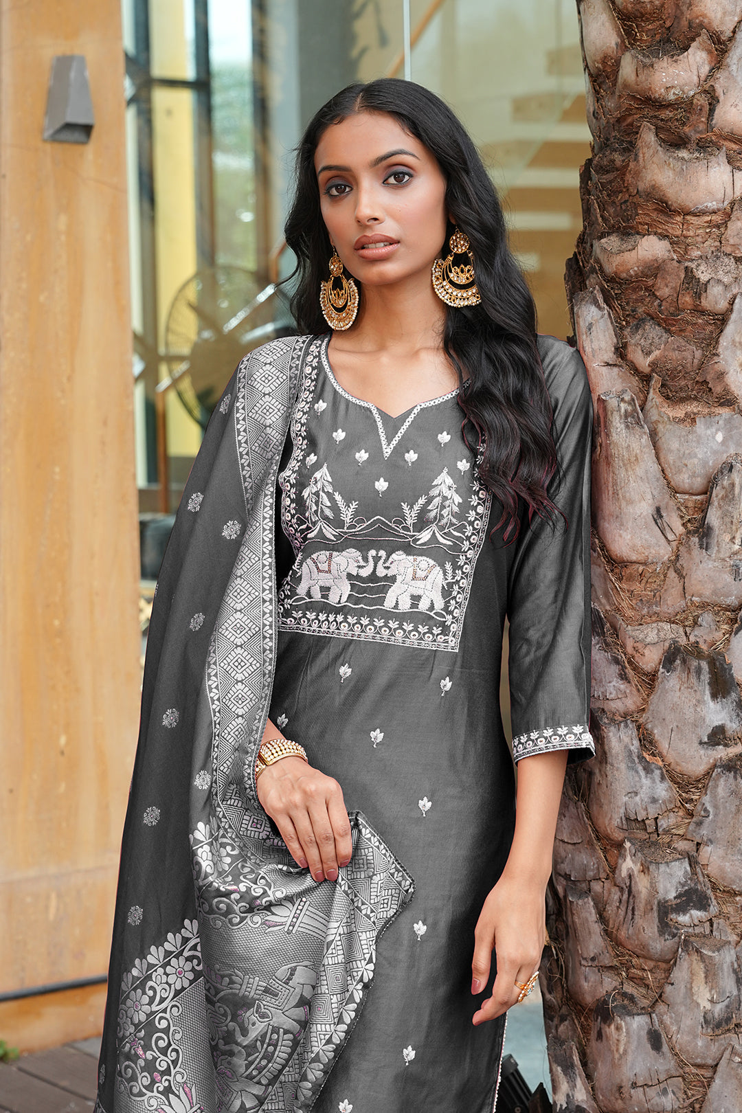 Jyoti Fashion Dark Grey Cotton Silk Embroidered Designer Kurta Set with Dupatta | Grocsy