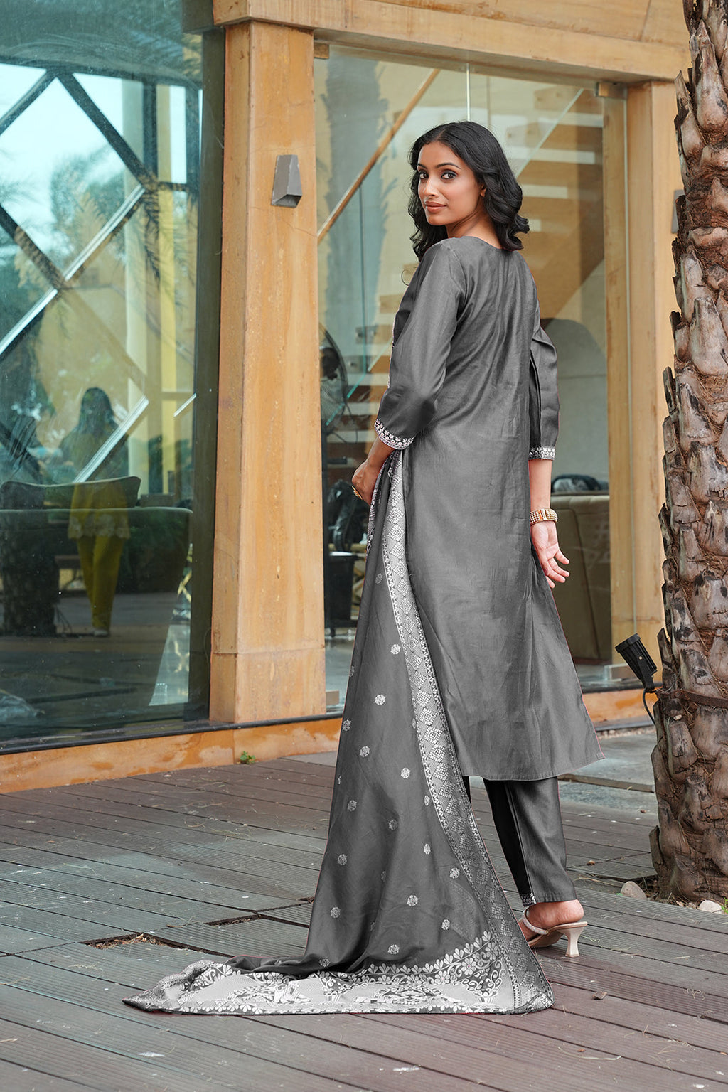 Jyoti Fashion Dark Grey Cotton Silk Embroidered Designer Kurta Set with Dupatta | Grocsy