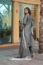 Jyoti Fashion Dark Grey Cotton Silk Embroidered Designer Kurta Set with Dupatta | Grocsy
