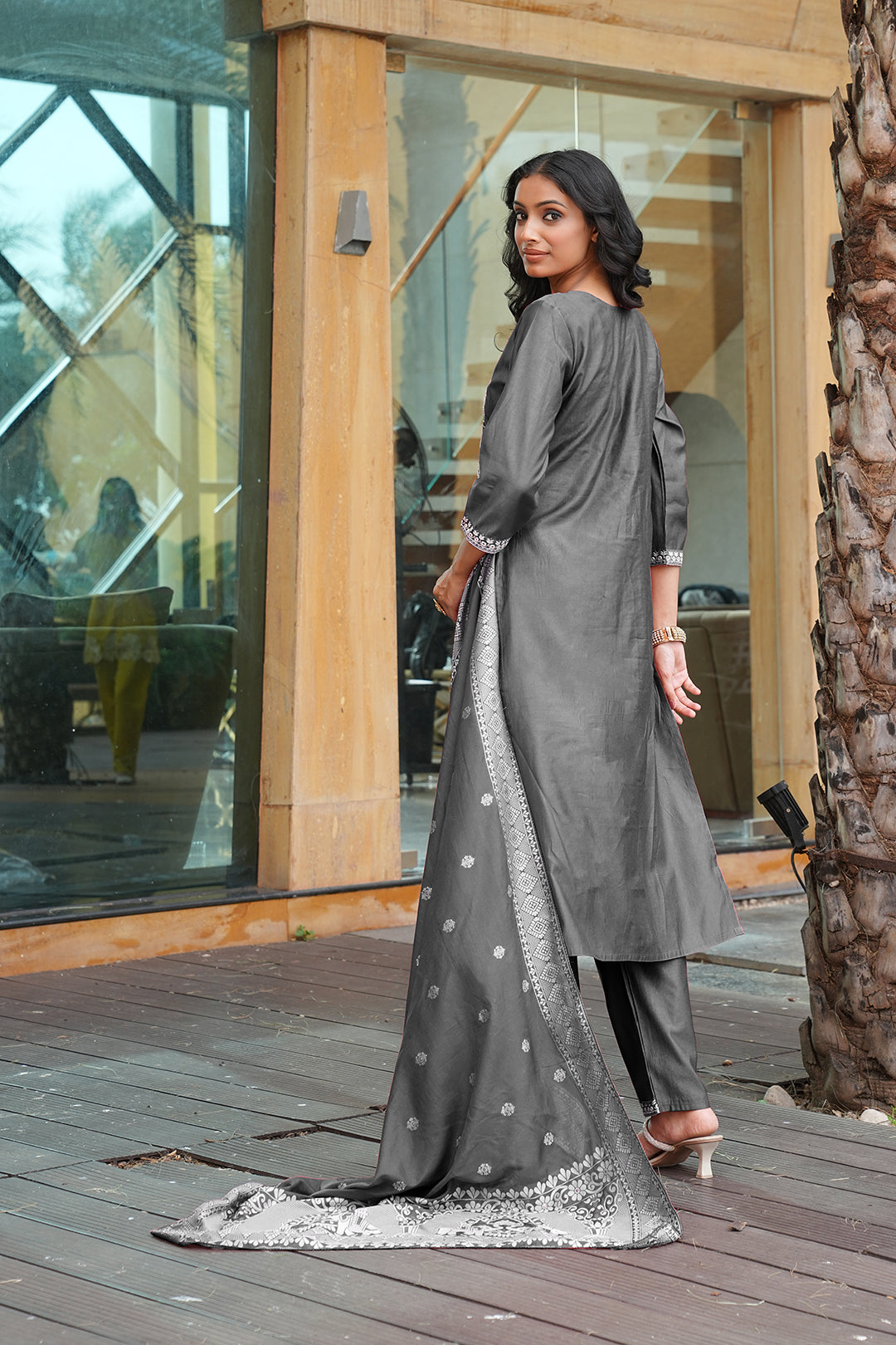 Jyoti Fashion Dark Grey Cotton Silk Embroidered Designer Kurta Set with Dupatta | Grocsy