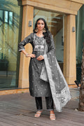 Jyoti Fashion Dark Grey Cotton Silk Embroidered Designer Kurta Set with Dupatta | Grocsy