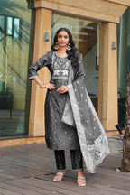 Jyoti Fashion Dark Grey Cotton Silk Embroidered Designer Kurta Set with Dupatta | Grocsy
