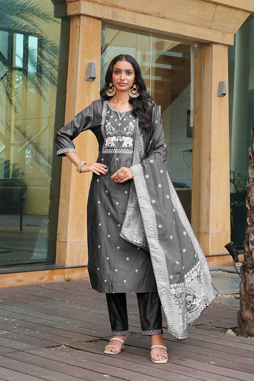 Jyoti Fashion Dark Grey Cotton Silk Embroidered Designer Kurta Set with Dupatta | Grocsy