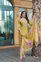 Jyoti Fashion Mustard Cotton Silk Embroidered Designer Kurta Set with Dupatta | Grocsy