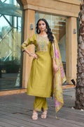Jyoti Fashion Mustard Cotton Silk Embroidered Designer Kurta Set with Dupatta | Grocsy
