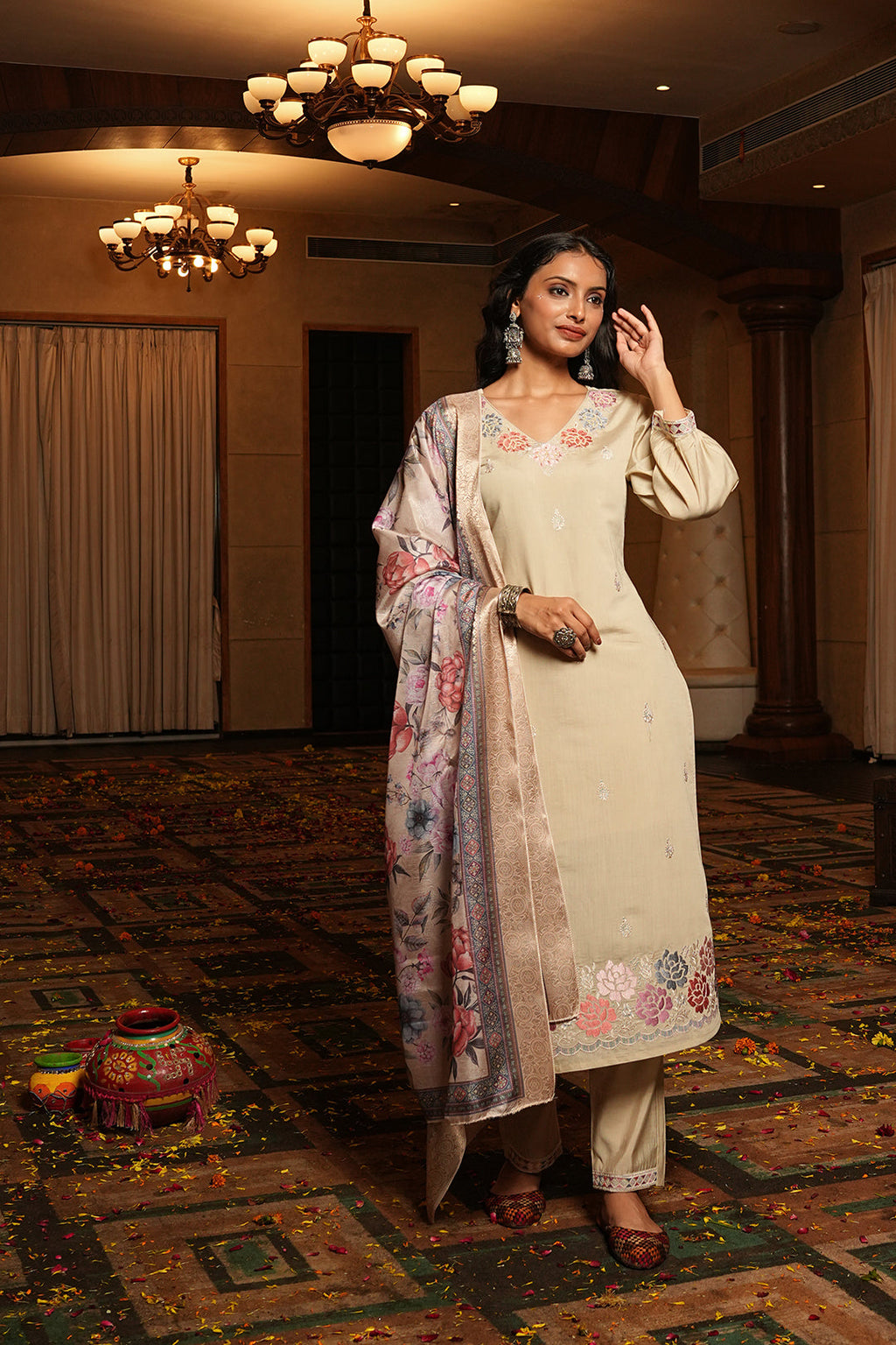 Jyoti Fashion Cream Cotton Silk Embroidered Designer Kurta Set with Dupatta | Grocsy
