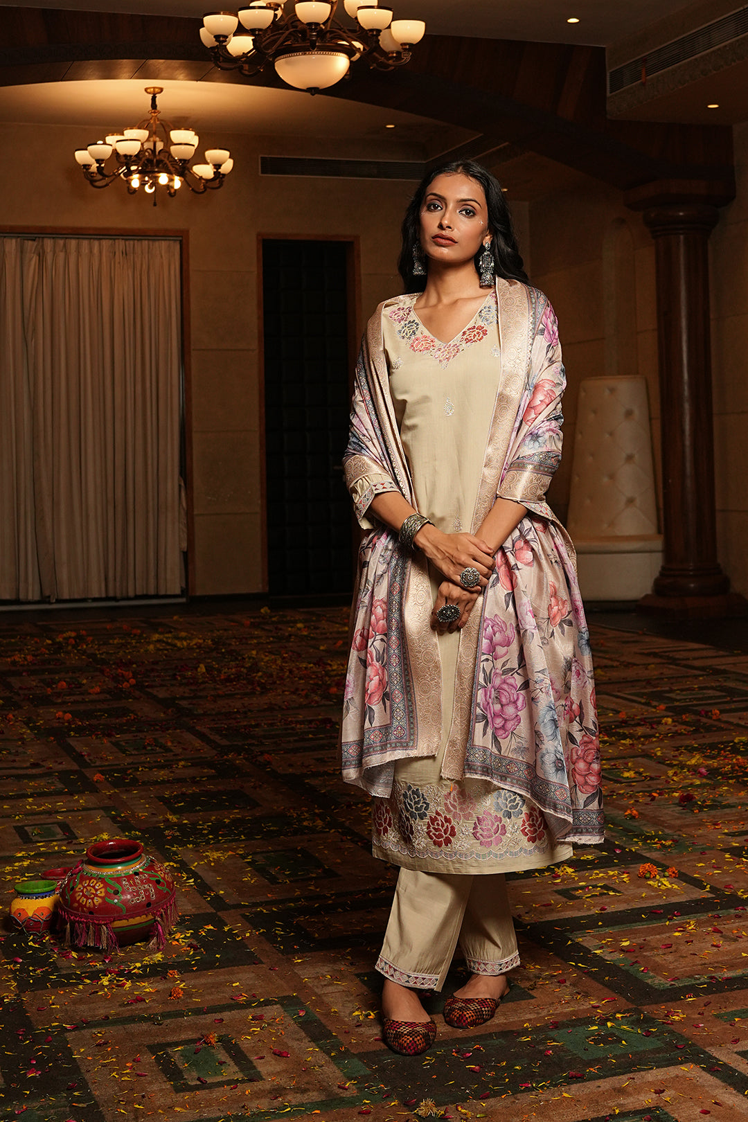 Jyoti Fashion Cream Cotton Silk Embroidered Designer Kurta Set with Dupatta | Grocsy