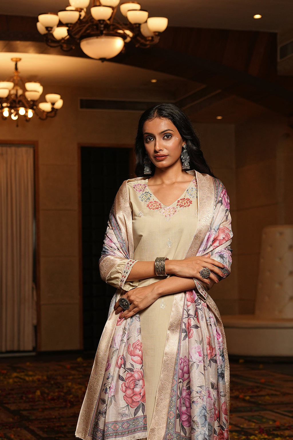 Jyoti Fashion Cream Cotton Silk Embroidered Designer Kurta Set with Dupatta | Grocsy