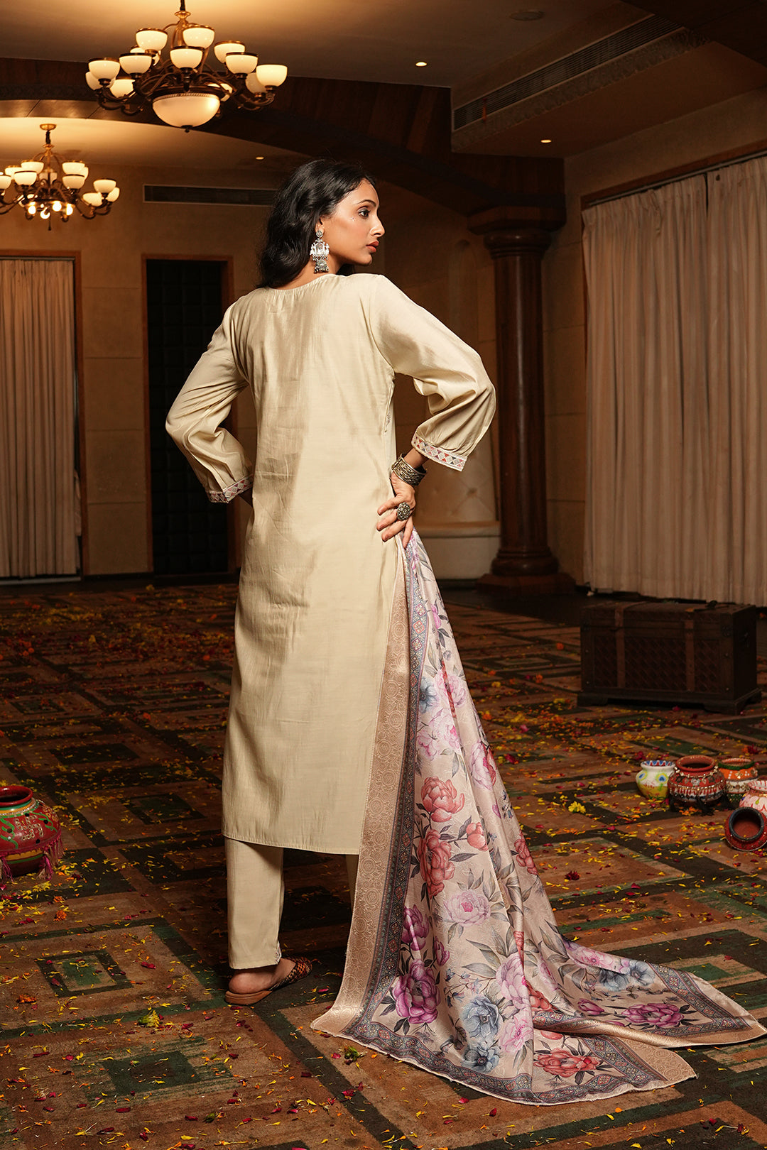 Jyoti Fashion Cream Cotton Silk Embroidered Designer Kurta Set with Dupatta | Grocsy