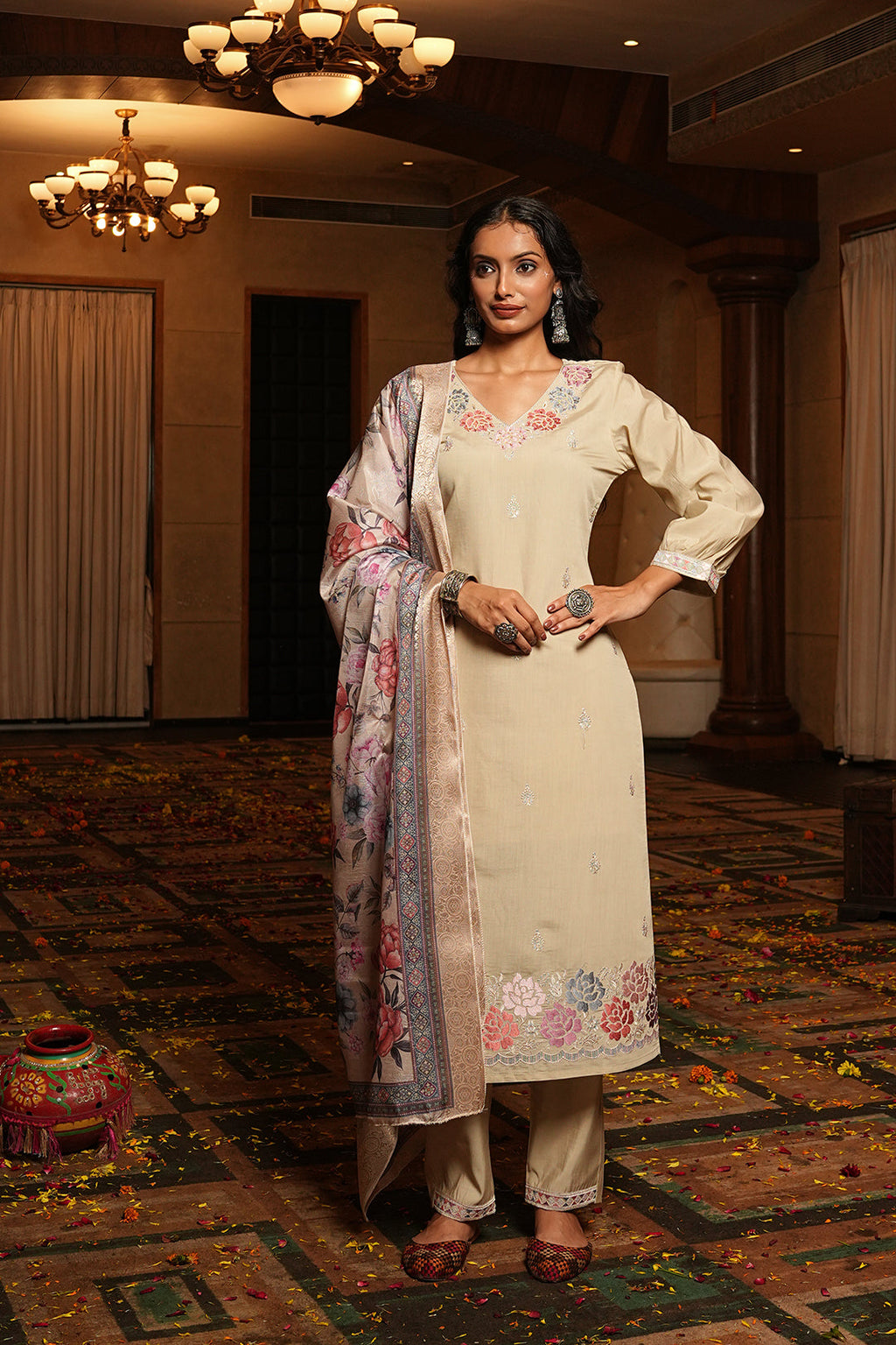 Jyoti Fashion Cream Cotton Silk Embroidered Designer Kurta Set with Dupatta | Grocsy