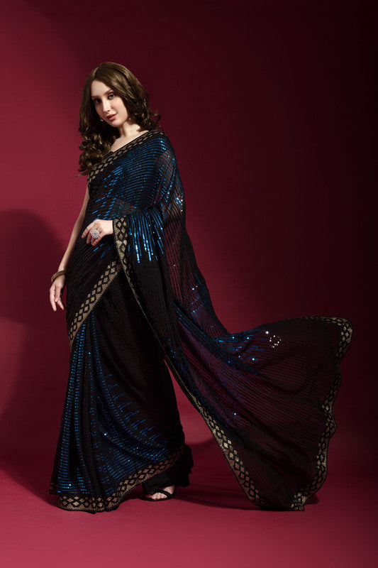 Jyoti Fashion Women's Blue Sequence Embroidery Georgette Saree with Blouse | Grocsy