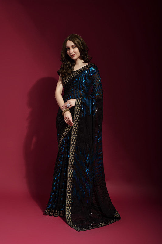 Jyoti Fashion Women's Blue Sequence Embroidery Georgette Saree with Blouse | Grocsy