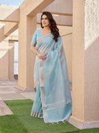Jyoti Fashion Women's Sky Blue Soft Tissue Linen Silk Zari Woven Saree with Blouse | Grocsy