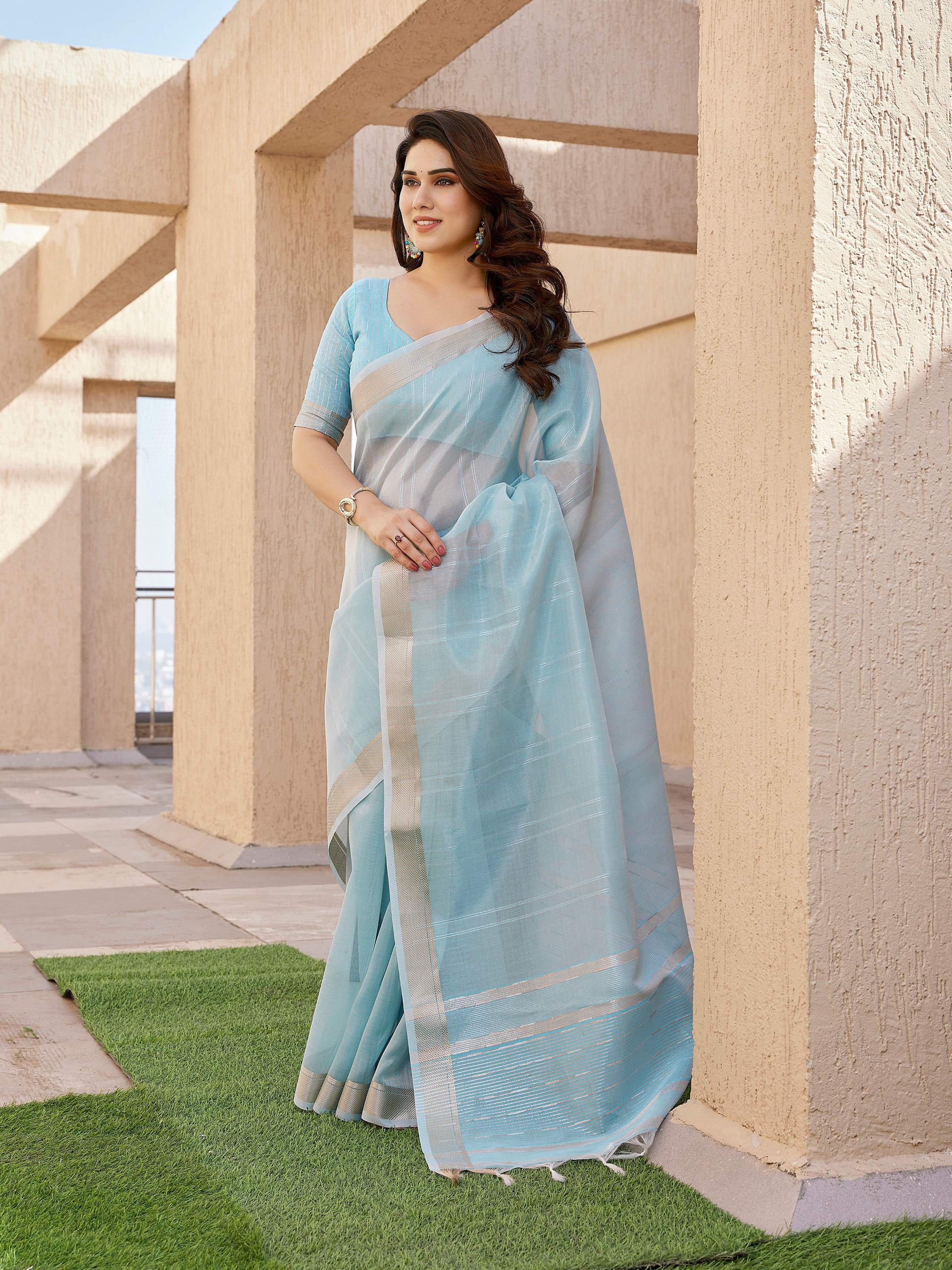 Jyoti Fashion Women's Sky Blue Soft Tissue Linen Silk Zari Woven Saree with Blouse | Grocsy