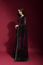 Jyoti Fashion Women's Wine Sequence Embroidery Georgette Saree with Blouse | Grocsy